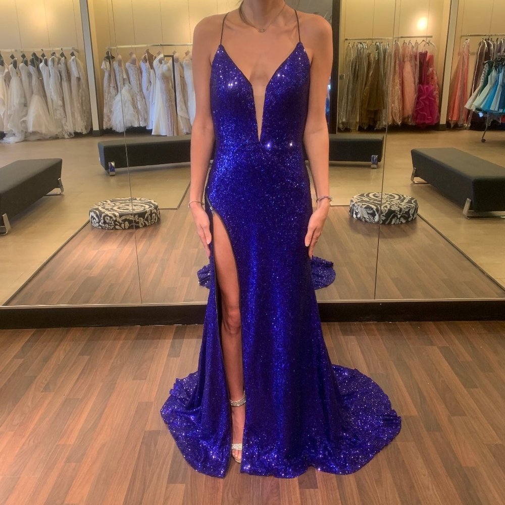 Purple fully sequined dress with a zipper slit